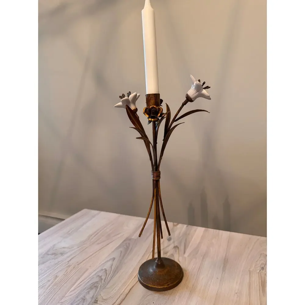 VINTAGE French Ceramic Lilies Bronze Tone Rose Hollywood Regency Candle Holder